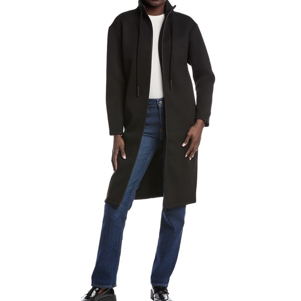 Long Black Zip-Front Women's Coat with Stand Collar